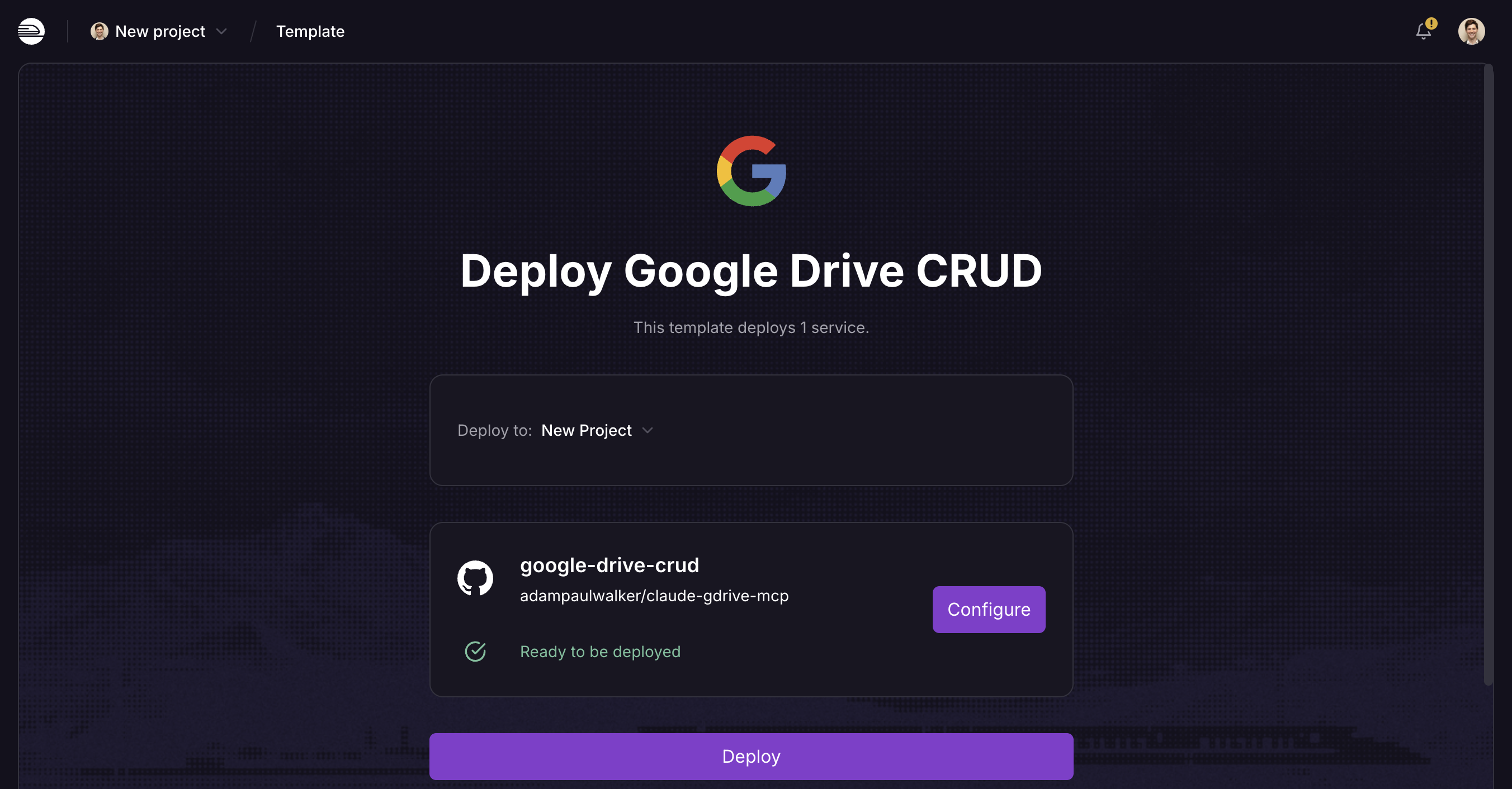 Railway template deploy page for Google Drive CRUD