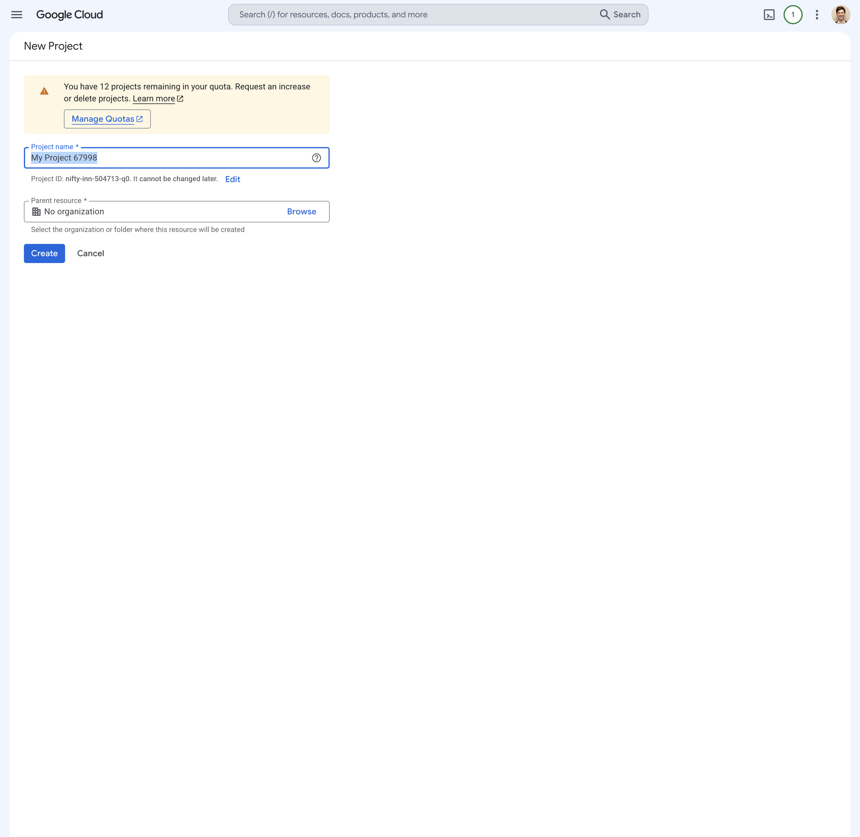 Google Cloud new project form