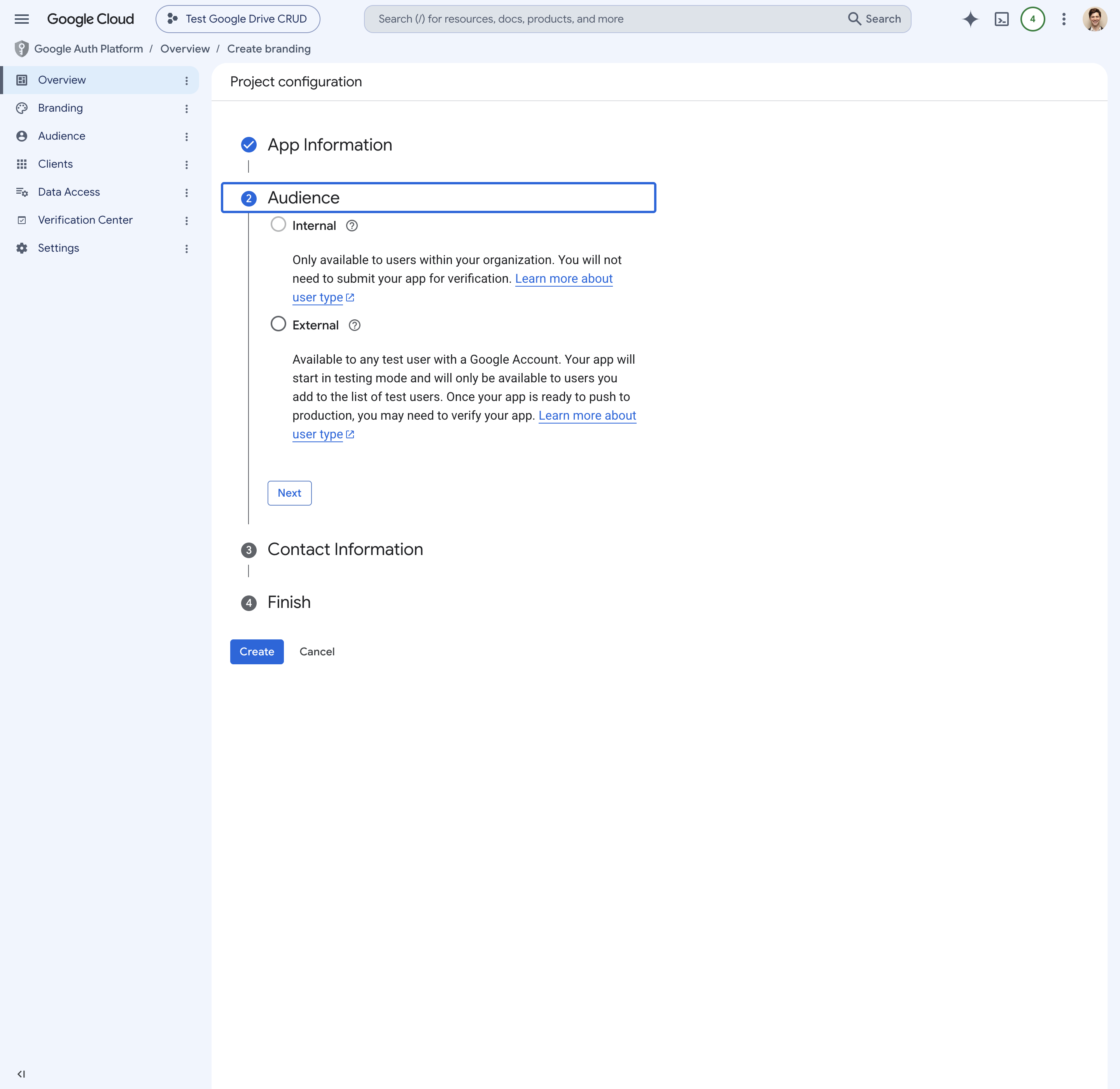 Google Auth Platform consent wizard Audience step