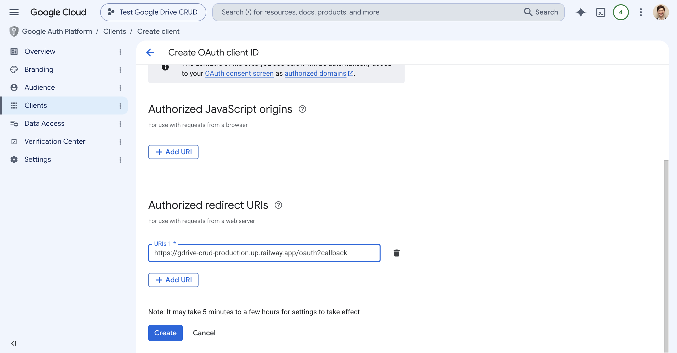 Google OAuth Web client redirect URI form