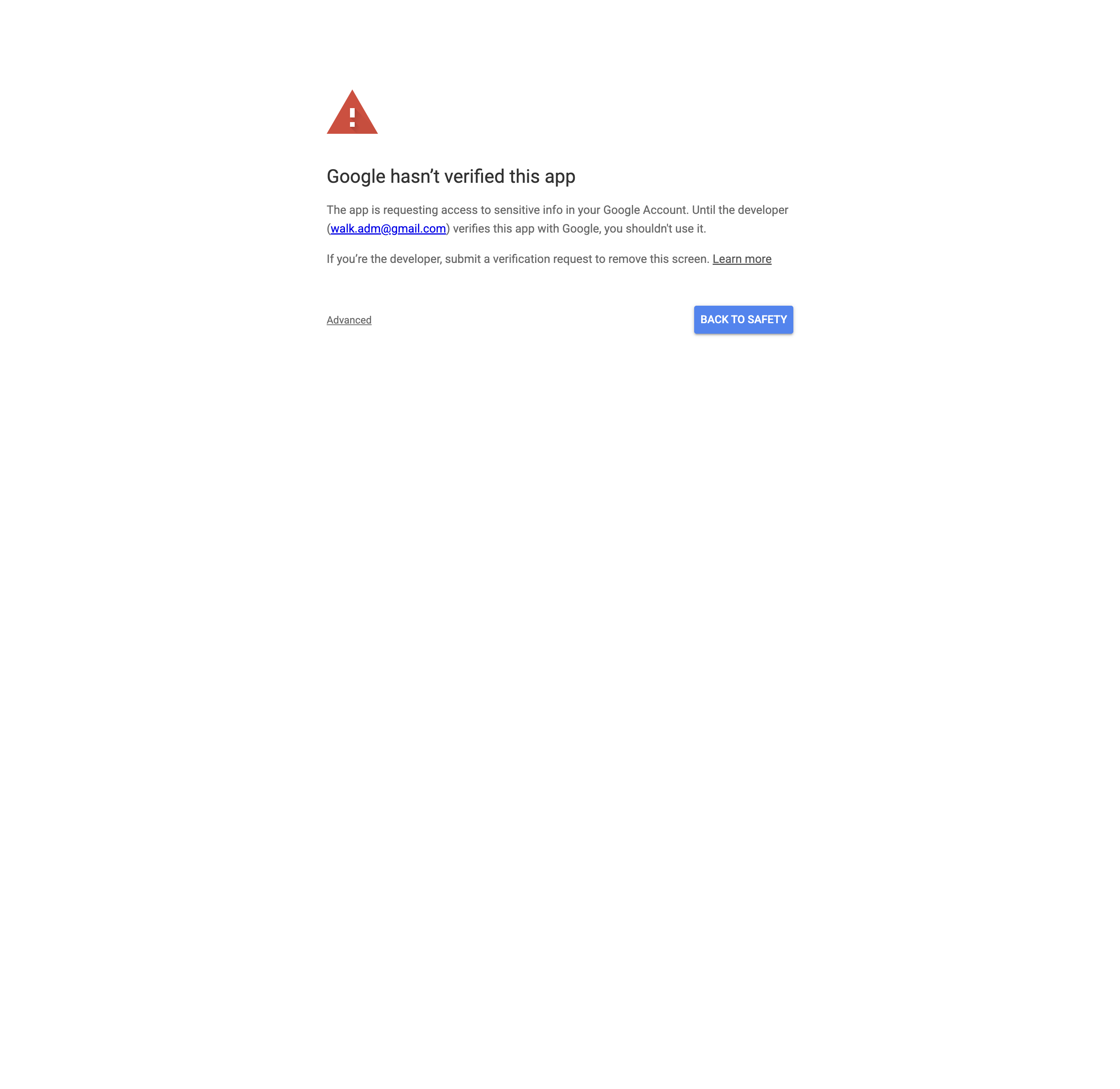 Google hasn't verified this app warning screen